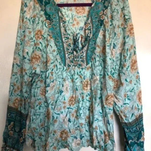 Boho Gypsy Floral Print Blouse Top teal - Picture 8 of 8